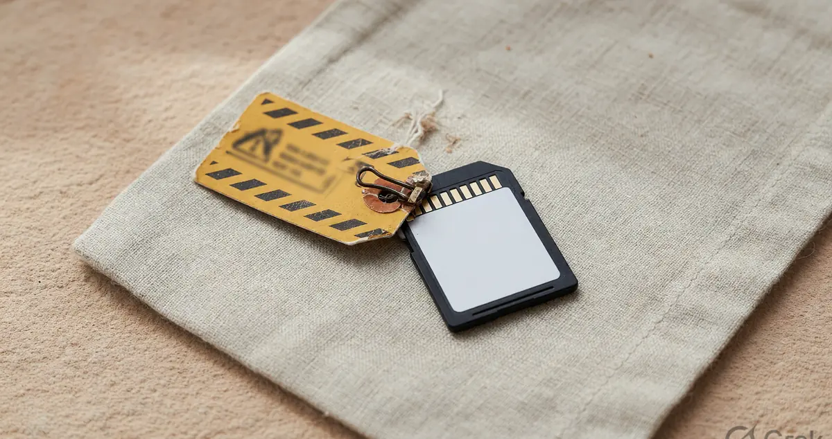 A caution tag clipped to an empty memory card