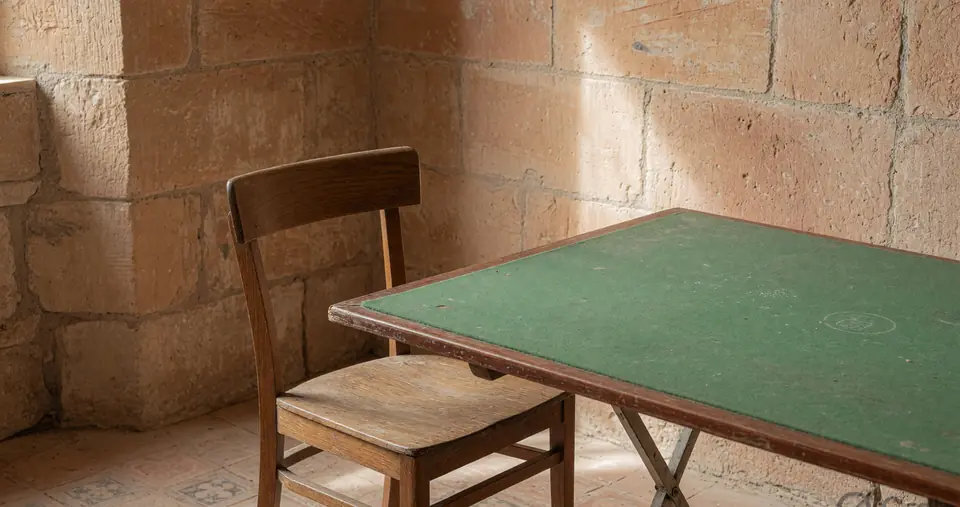 An empty chair pulled back from a card table
