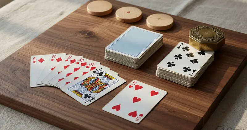 Wooden counters beside a rummy spread