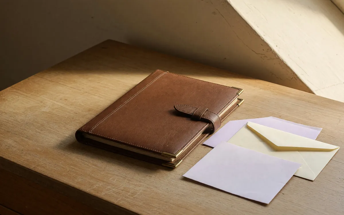 An identity-document folder on a wooden desk