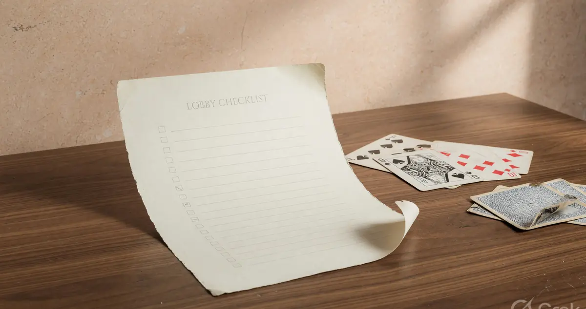 A printed lobby checklist beside playing cards