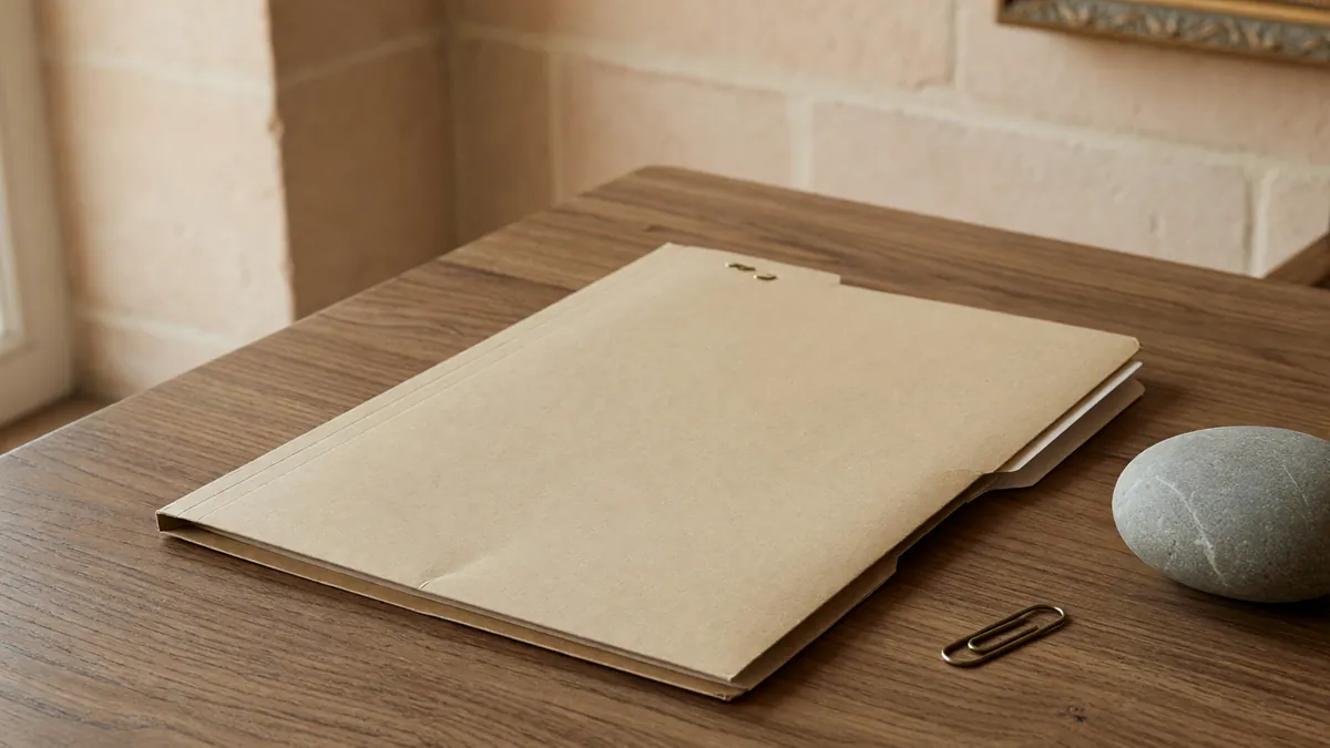 An unmarked owner file on a desk