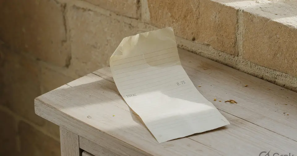 A mostly blank paper receipt on a wooden counter