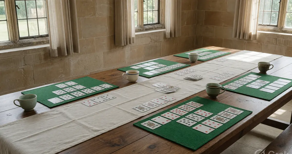 Overhead view of three rummy format markers on felt