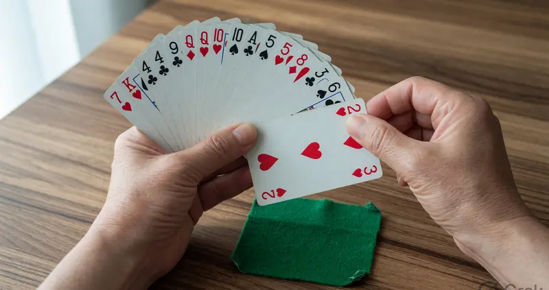 A thirteen-card hand held above a felt pad