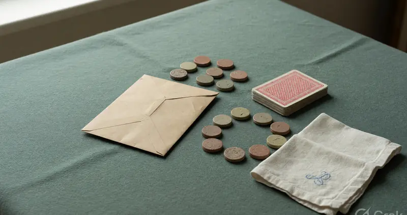 Ceramic tokens and a kraft envelope on felt