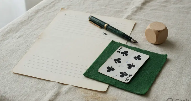 A blank scoring sheet, a discarded card and a die set aside