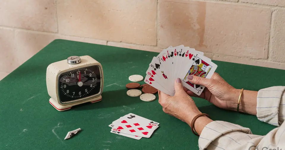 A small timer beside a hand on felt